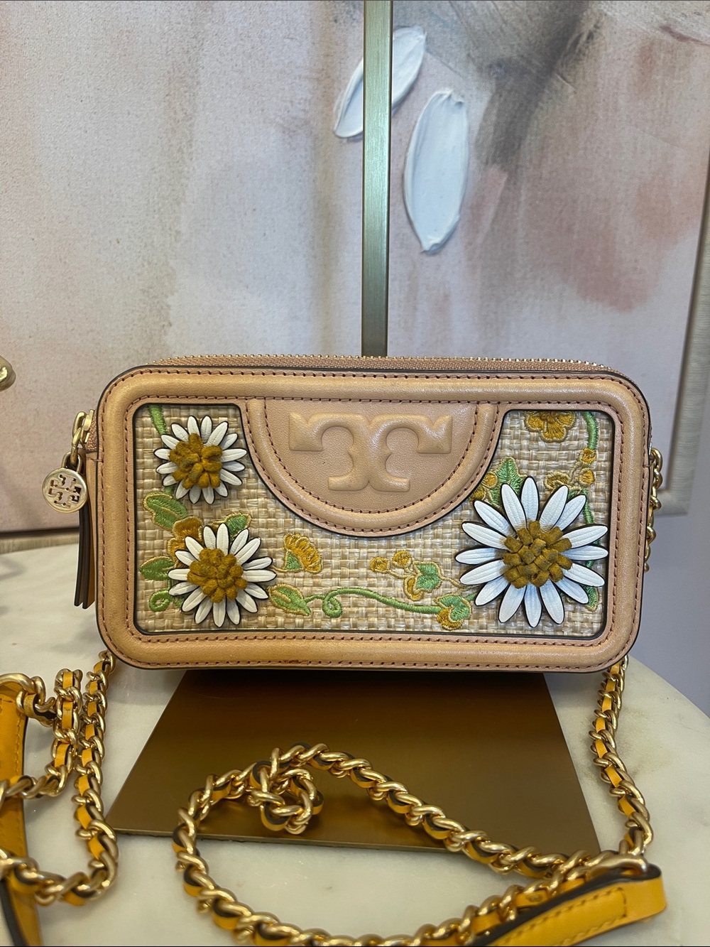 Tory Burch Fleming Embroidered Floral & Raffia Crossbody with Gold Chain